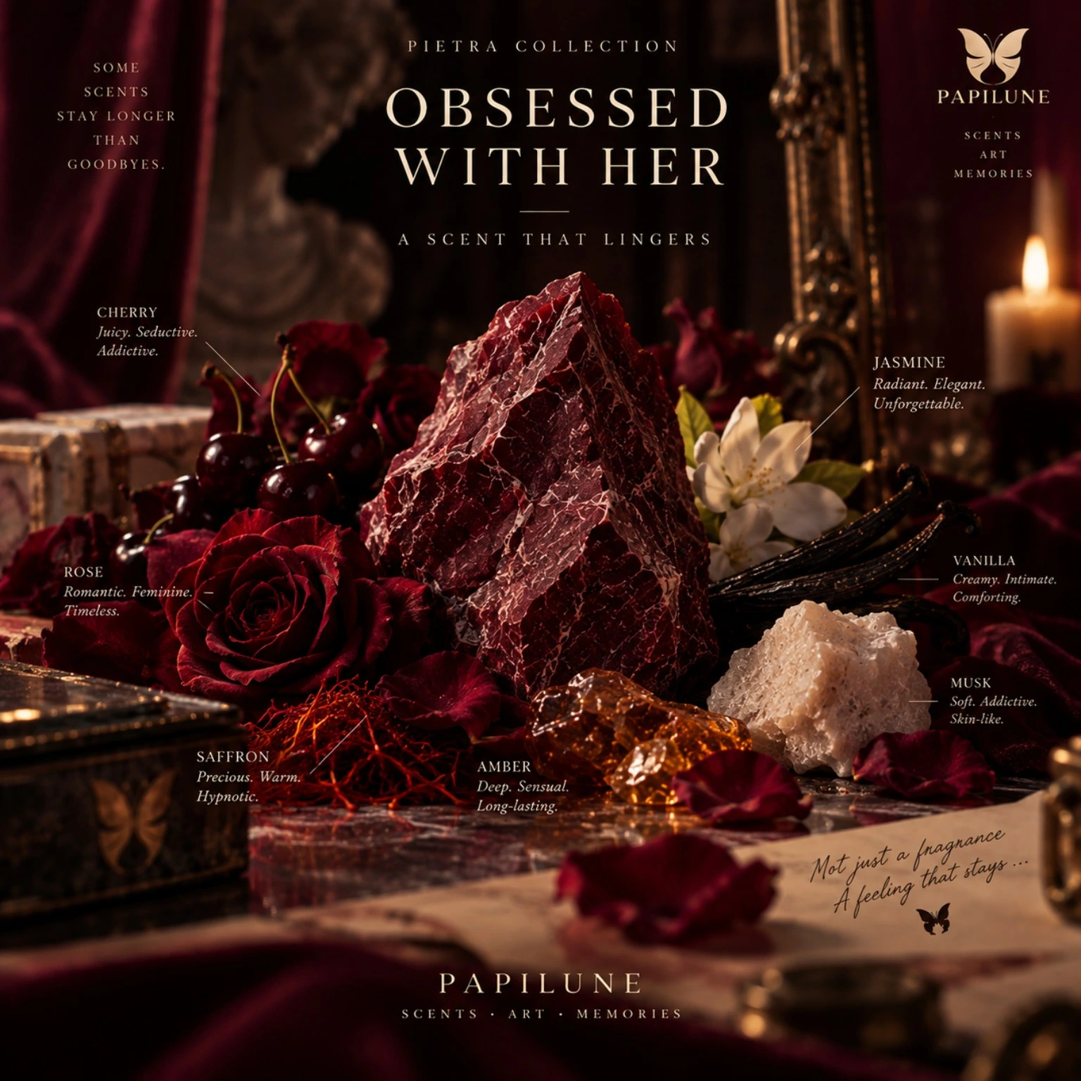 OBSESSED WITH HER PIETRA fragrance notes — cherry, rose, saffron, jasmine, vanilla, musk and amber