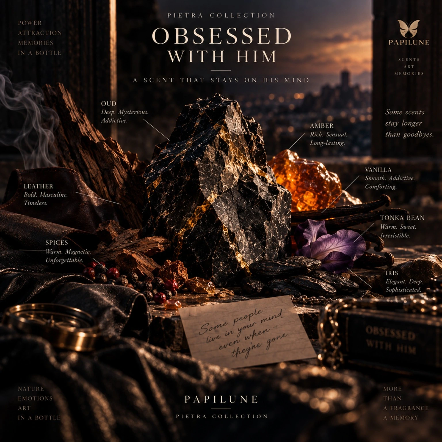 OBSESSED WITH HIM PIETRA fragrance notes — oud, leather, spices, amber, vanilla, tonka bean and iris